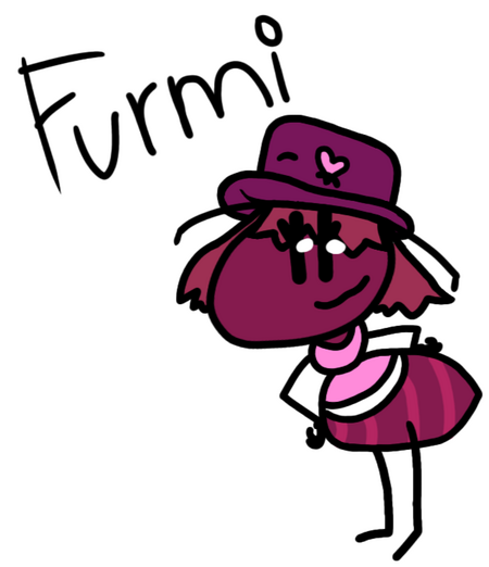 Full body shot of Furmi, an anthropomorphic maroon ant wearing a purple hat with a pink heart on it and a pink dress, with "Furmi" written at the top