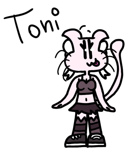 Full body shot of Toni, an anthropomorphic white cat wearing a white bow behind her head, a grey-ish pink crop top, a grey-ish dark purple skirt and grey shoes, with "Toni" written at the top